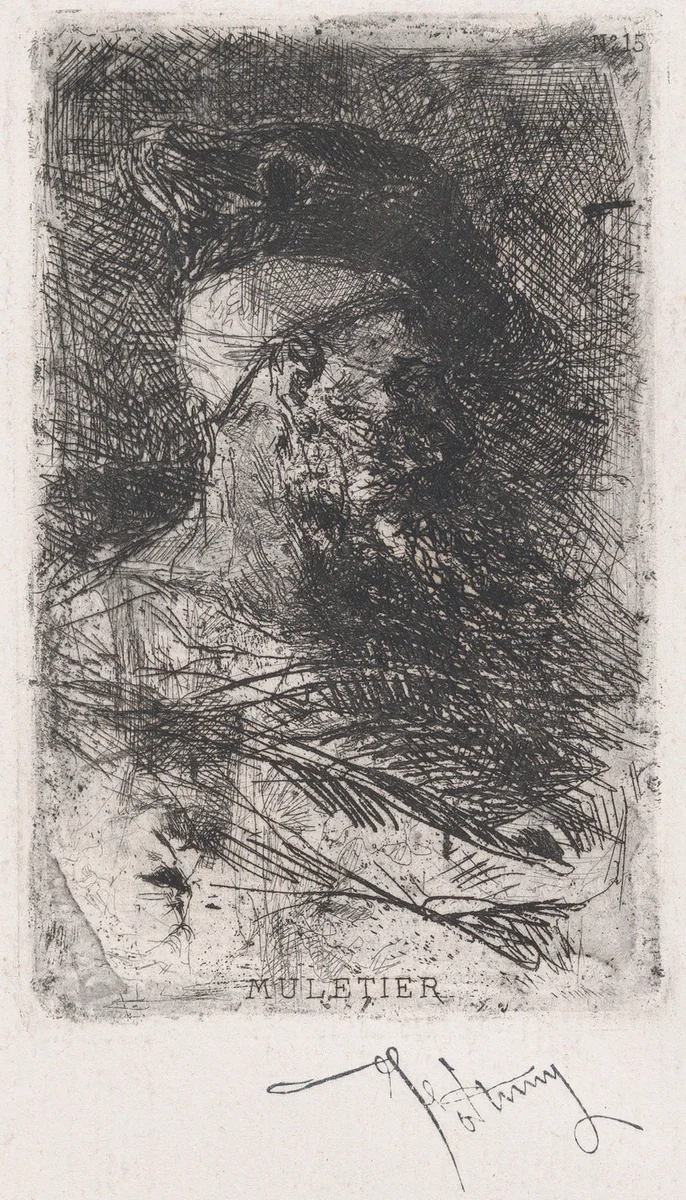 Head of a muleteer facing right by Mariano Fortuny, print, 1860-1870