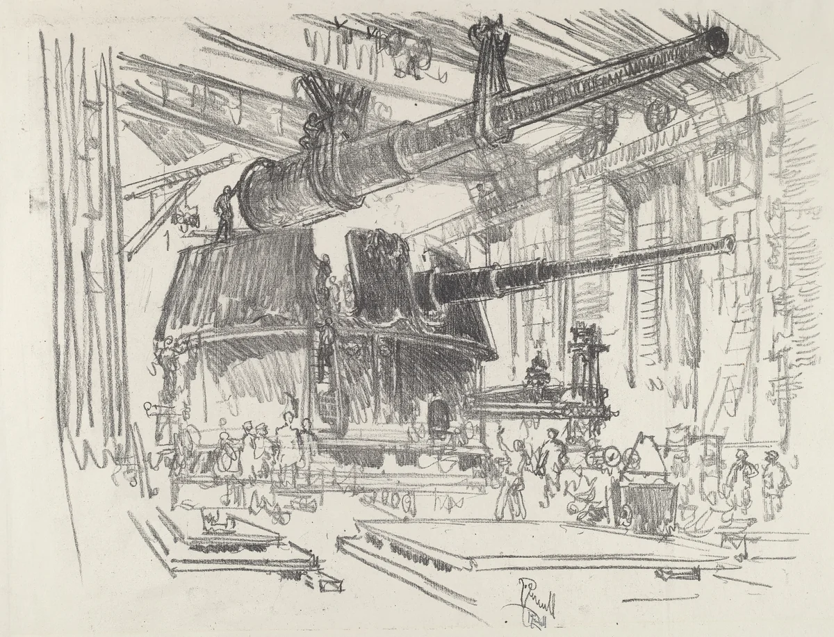 Fitting Guns in Turrets by Joseph Pennell, print, 1916