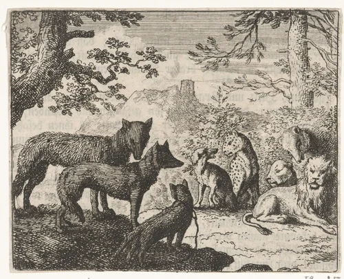 Reinaert de vos' familie verlaat het gerecht by Allaert van Everdingen, print, 1665-1675