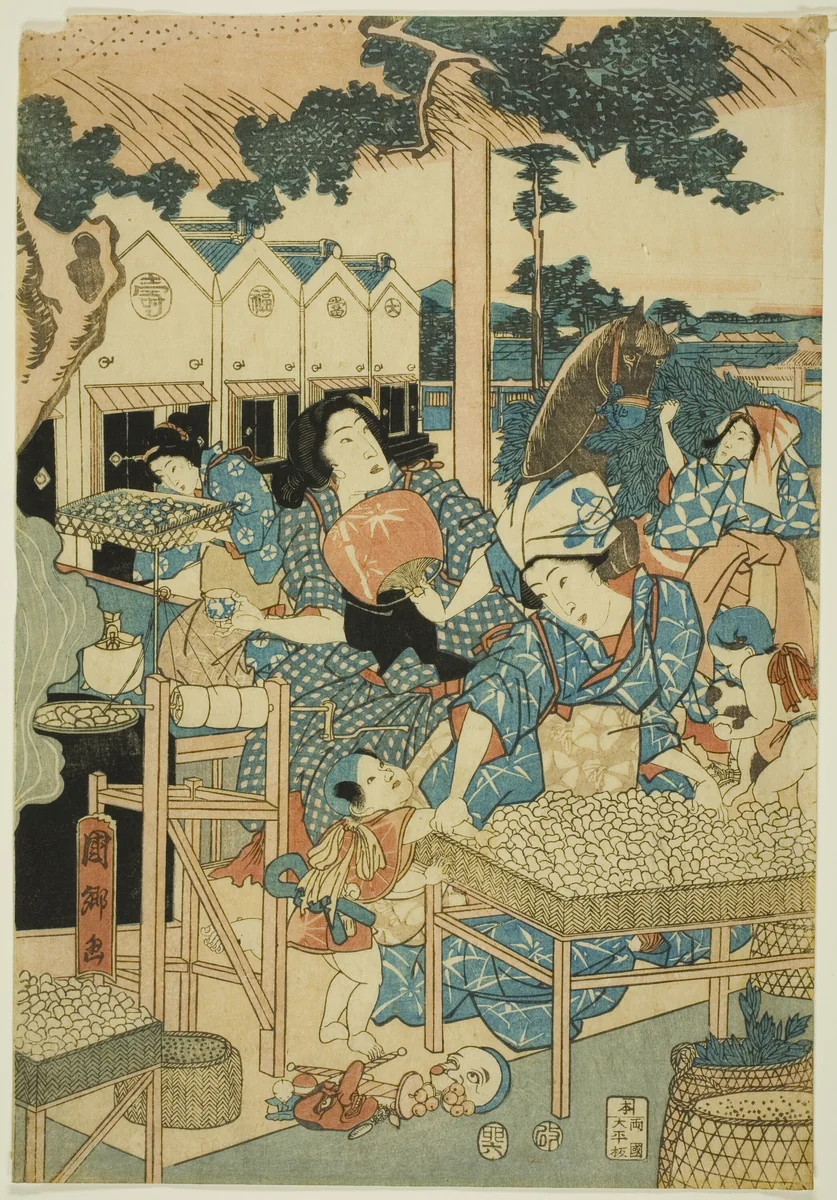 Great Prosperity at the Silk Farm (Kaikoya Daihanjono Zu) by Utagawa Kunisato, artwork, 1832-1842