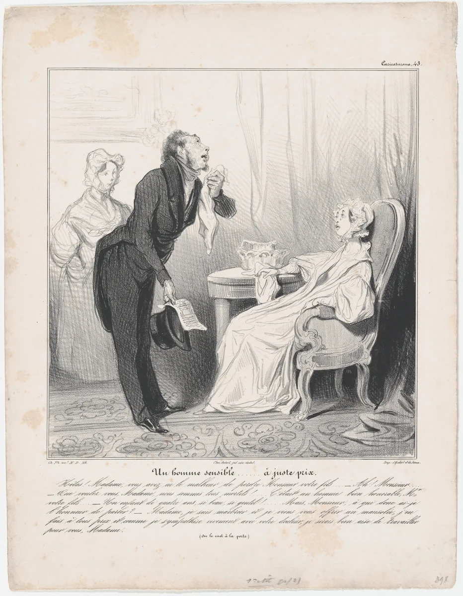 Plate 43: A man of sensitivity at the right price, from 'Caricaturana,' published in Les Robert Macaires by Honoré Daumier, print, 1838