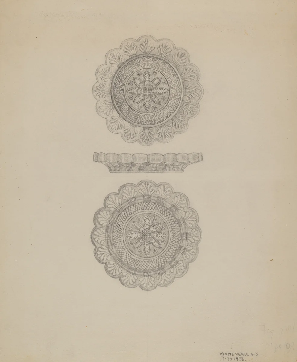 Sandwich Glass Cup Plate by Marie Famularo, index of american design, 1936