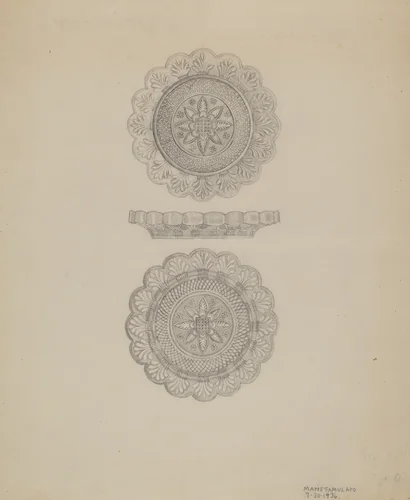 Sandwich Glass Cup Plate by Marie Famularo, index of american design, 1936