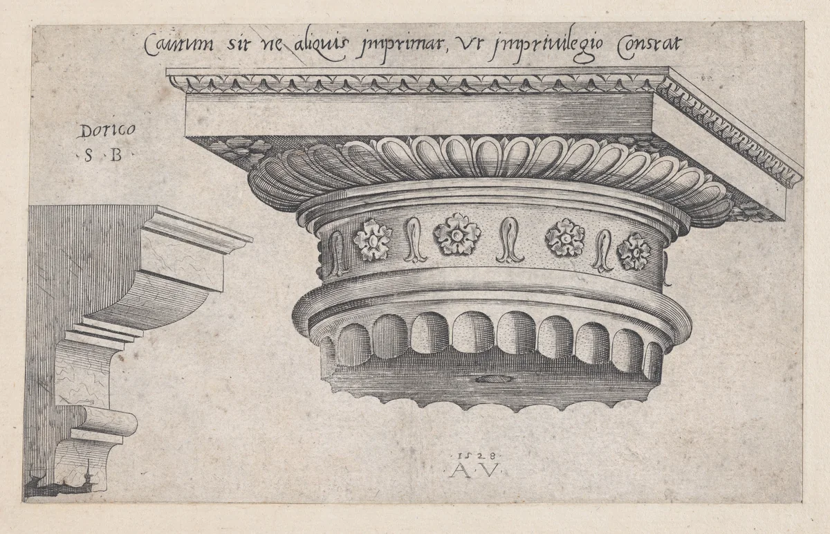 Doric capital, from "Speculum Romanae Magnificentiae" by Agostino Veneziano, print, 1528