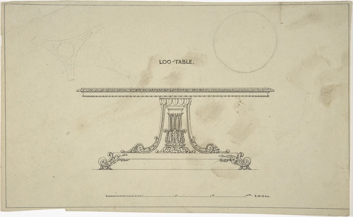 Design for Loo-Table, with plans of top and pedestal by Robert William Hume, drawing, 1835-1900