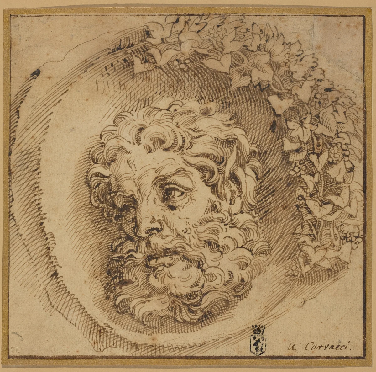 Head of a Faun in a Concave Roundel by Agostino Carracci, drawing, 1595