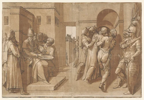 Pilatus wast zijn handen in onschuld by Unknown, print, 1585