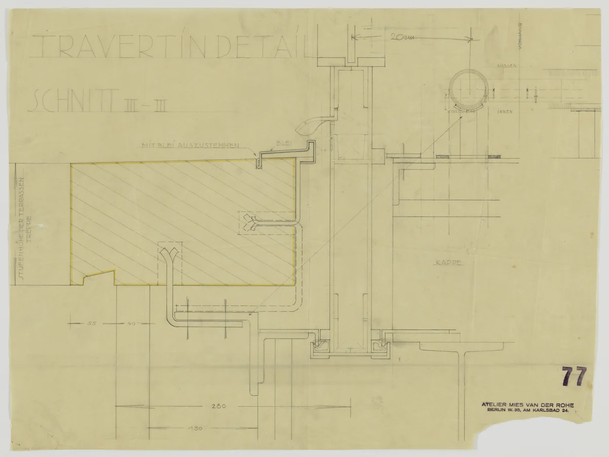 Tugendhat House, Brno, Czech Republic (Section, travertine detail) by Ludwig Mies van der Rohe, mies van der rohe archive, 1928