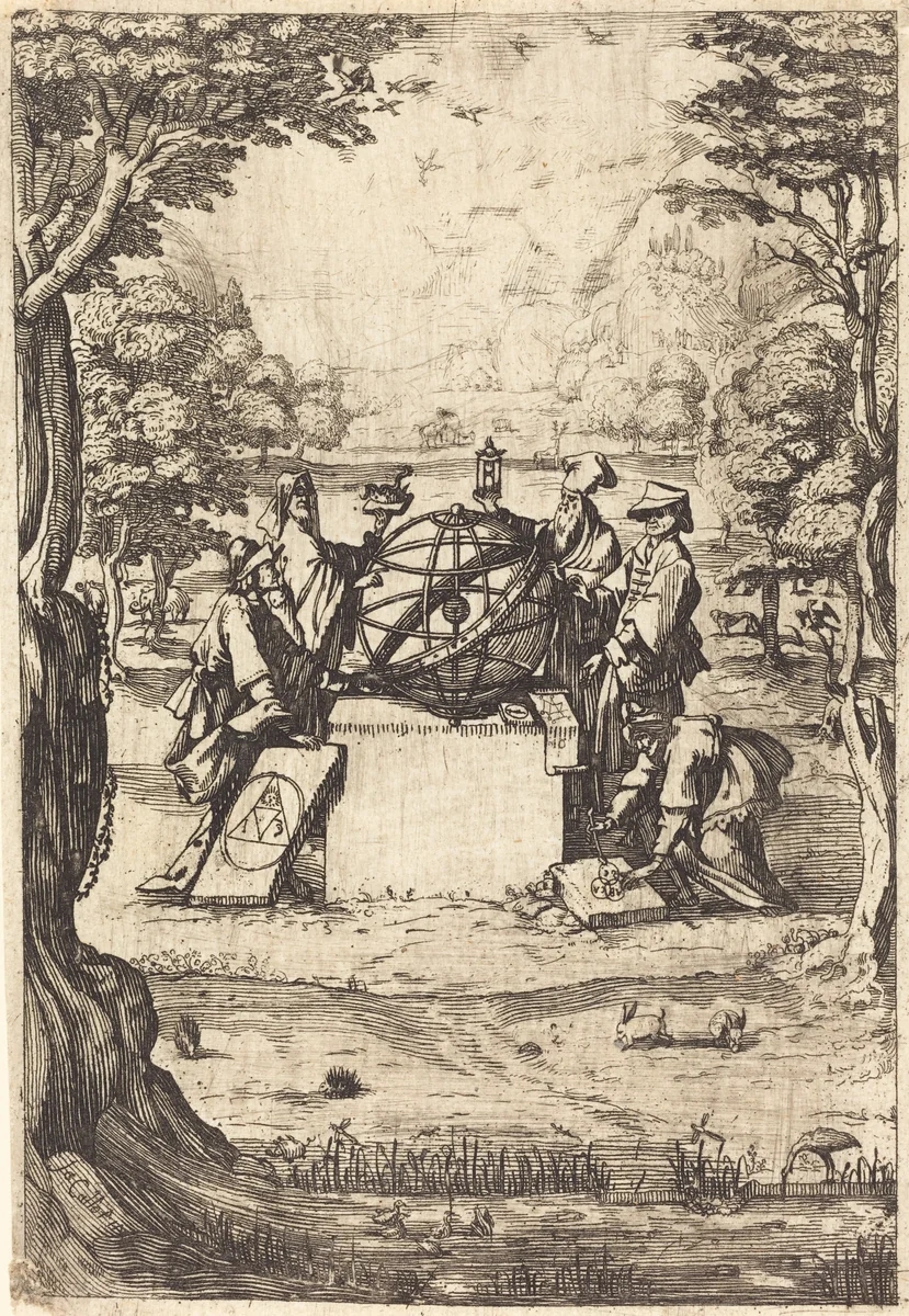 Frontispiece for the Sacred Cosmologia (Title With Astrologers) by Jacques Callot, print, 1630-1699