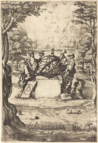 Frontispiece for the Sacred Cosmologia (Title With Astrologers) by Jacques Callot, print, 1630-1699