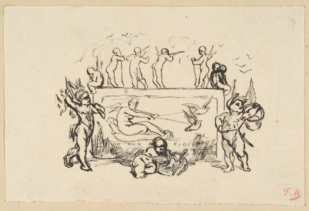Putti grouped around a rectangular panel by Félicien Rops, drawing, 1833-1898