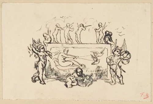 Putti grouped around a rectangular panel by Félicien Rops, drawing, 1833-1898