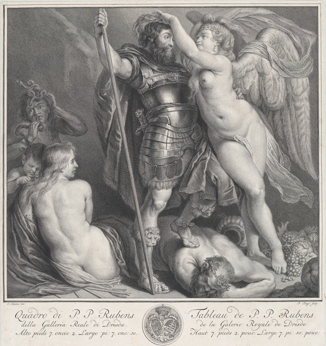 Hero crowned by Victory, who places a laurel wreath on his head, Venus and Cupid at left, Envy at left in the background, Silenus on the ground, under the hero's foot by Pieter Tanjé, print, 1730-1761
