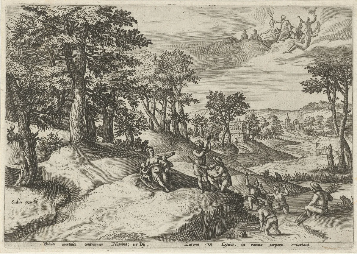 Leto (Latona) verandert de Lyciërs in kikkers by Unknown, print, 1560-1600