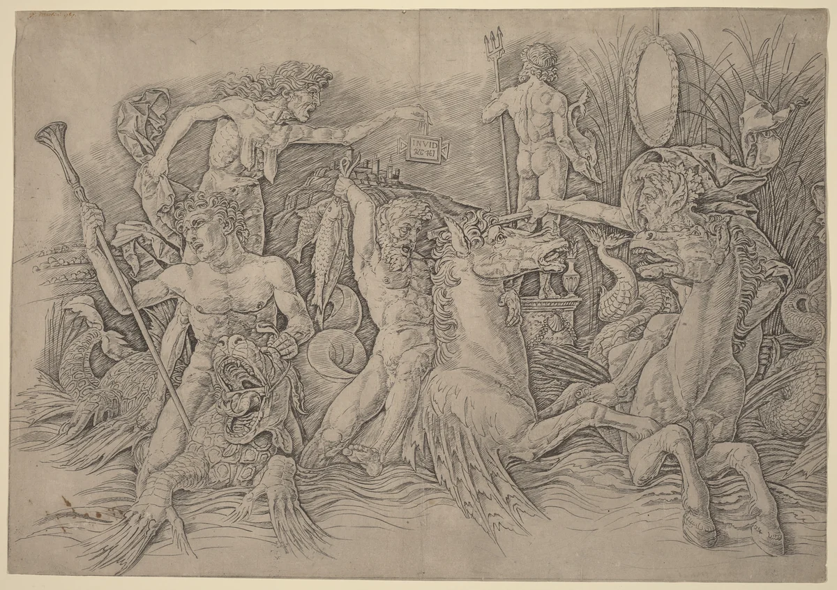Battle of the Sea Gods [left half] by Andrea Mantegna, print, 1481