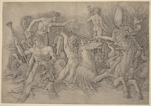 Battle of the Sea Gods [left half] by Andrea Mantegna, print, 1481