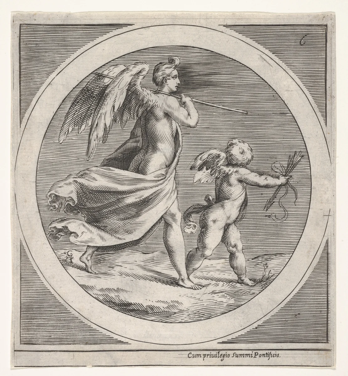 Winged female figure, draped and carrying a staff, striding behind a winged putto, who twists to look over his left shoulder, a round composition by anonymous, print, 1550-1600