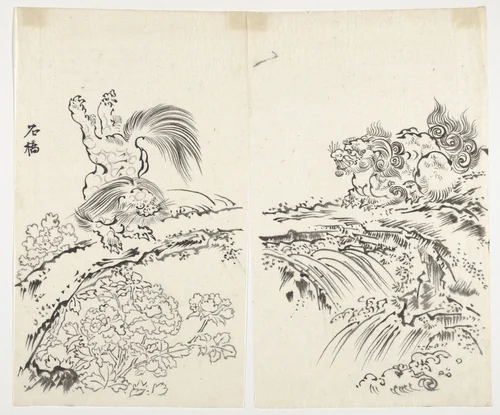 Lions Dancing Among Peonies on Stone Bridge by Unidentified, drawing, 1867-1899