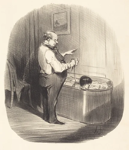 La Première leçon de natation by Honoré Daumier, print, 1847