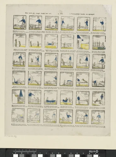 Hier hebt gij, jeugd, beziet het wel, / 't vermaaklijk honde- en apenspel by Glenisson & Zonen, print, 1856-1900