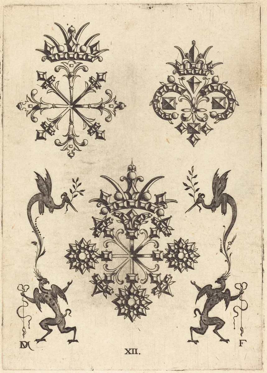 Three Brooches with Winged Snakes at Left and Right and Winged Griffins at Bottom by Daniel Mignot, print, 1596