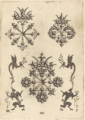 Three Brooches with Winged Snakes at Left and Right and Winged Griffins at Bottom by Daniel Mignot, print, 1596
