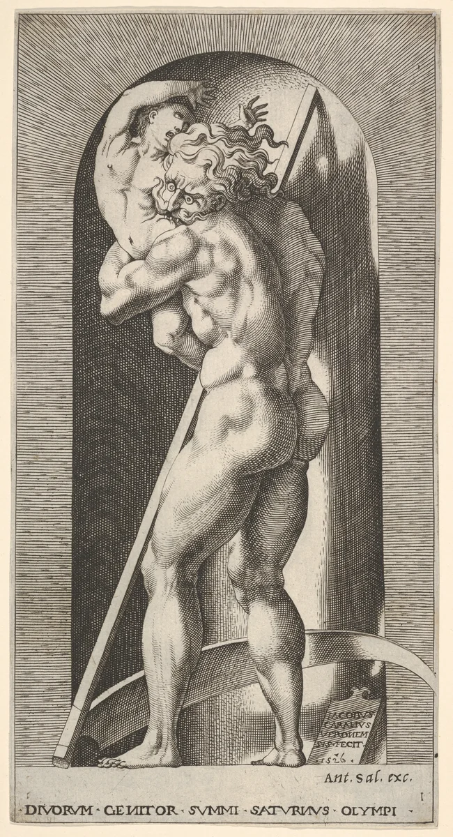 Plate 1: Saturn in a niche devouring his son, standing before a scythe, from "Mythological Gods and Goddesses" by Giovanni Jacopo Caraglio, print, 1526