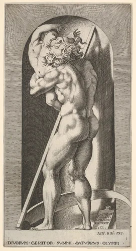 Plate 1: Saturn in a niche devouring his son, standing before a scythe, from "Mythological Gods and Goddesses" by Giovanni Jacopo Caraglio, print, 1526