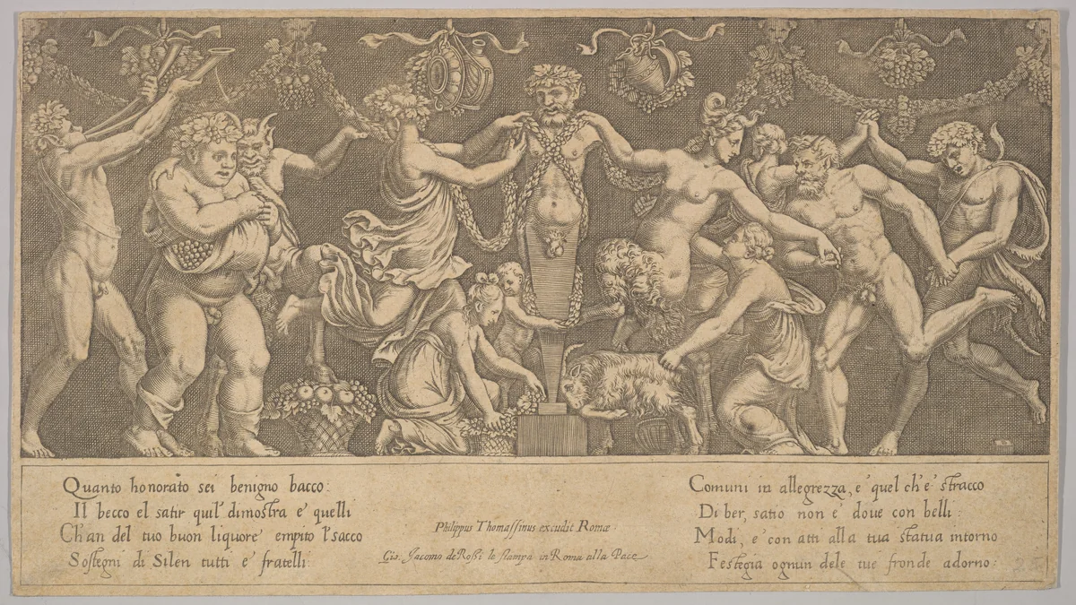 The sacrifice to Priapus who is in the form of a statue in the centre, Bacchus and a satyr at the left by Master of the Die, print, 1530-1560