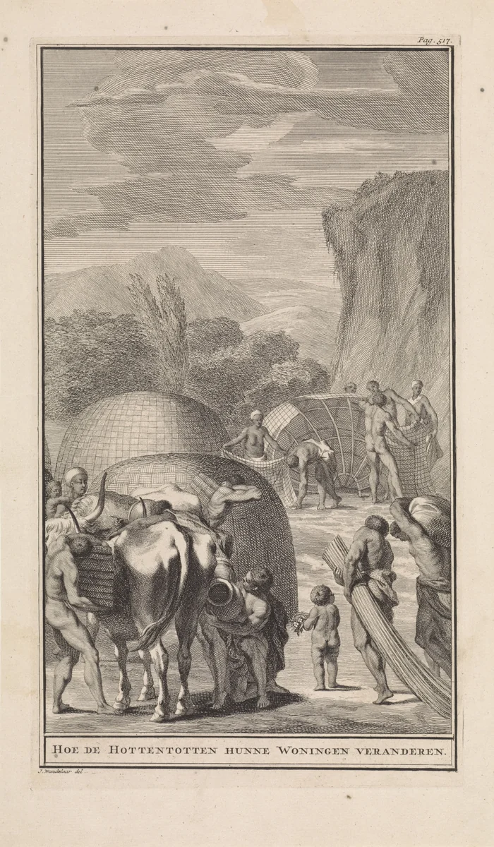 Khoikhoi verhuizen hun kraal by Jan Wandelaar, print, 1727