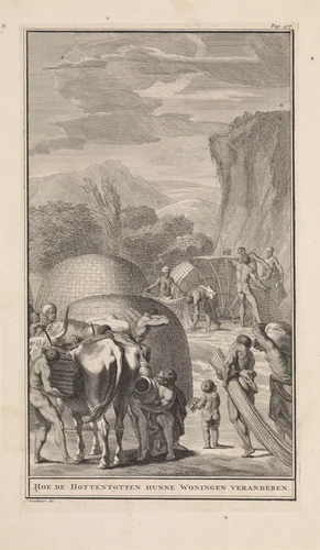 Khoikhoi verhuizen hun kraal by Jan Wandelaar, print, 1727