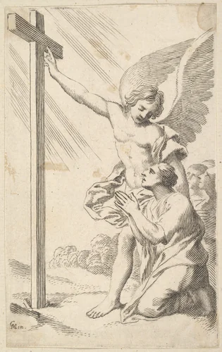An Angel Indicates a Cross to a Man Kneeling by Claude Mellan, print, 1600-1688