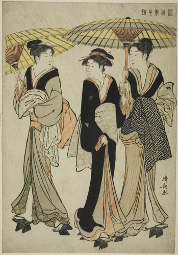 Under Umbrellas in a Shower, from the series "A Brocade of Eastern Manners (Fuzoku Azuma no nishiki)" by Torii Kiyonaga (鳥居清長), print, 1778-1789