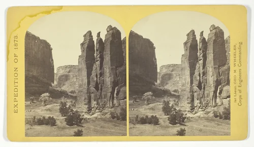 Camp Beauty, Canñon de Chelle; walls 1.200 feet high, width of Cañon at this point about one fourth of a mile. This view shows the perpendicular effect wrought by the action of floods. The Artist of the Expedition, Mr. Wyant, of New York, made a study of this scene with the intention to paint it as a characteristic Canon view, No. 25 from the series "Geographical Explorations and Surveys West of the 100th Meridian" by Timothy O'Sullivan, photograph, 1873