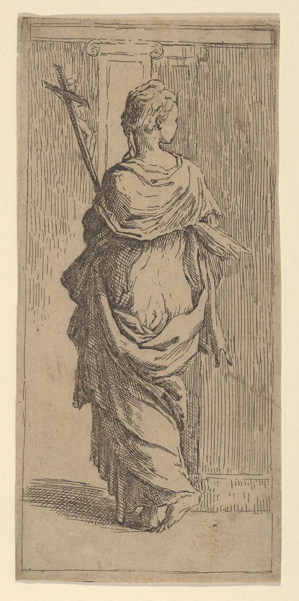 Girl carrying a crucifix and stepping toward a pilaster, seen from behind by Guido Reni, print, 1585-1605