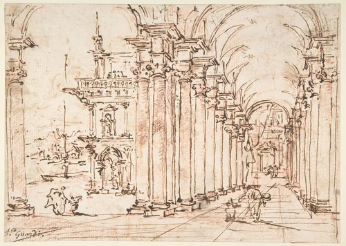 Architectural Capriccio: Vaulted Colonnade of a Palace by Francesco Guardi, drawing, 1712-1793