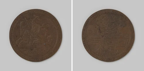Gedenkpenning aan het wachtdoen te Amsterdam, tijdens het beleg van Amsterdam na het overlijden van Prins Willem II, aan de schutters uitgereikt en uit de wachtboeten betaald by anonymous, metalwork, 1650