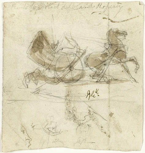 Caricature of Self (recto); Cab Thrown by a Horse, with Other Sketches (verso) by George Cruikshank, drawing, 1812-1878