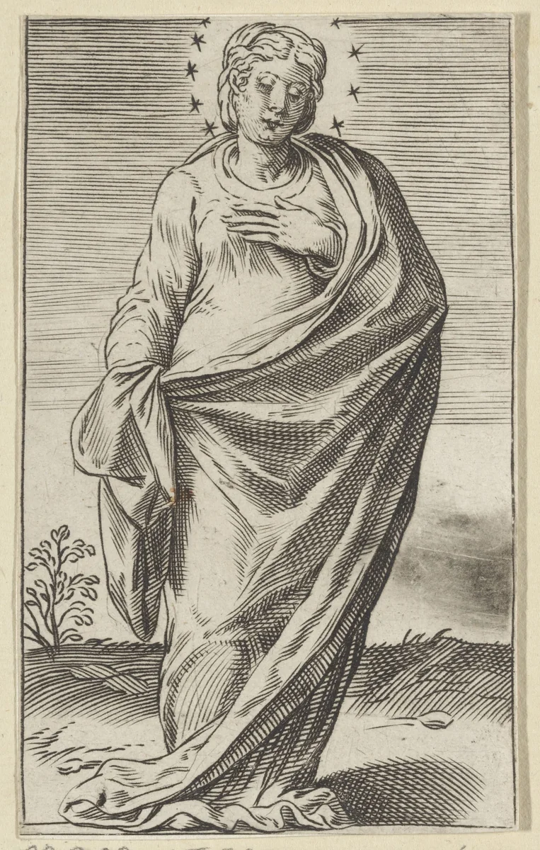 Maria met een krans van sterren by Agostino Carracci, print, 1583