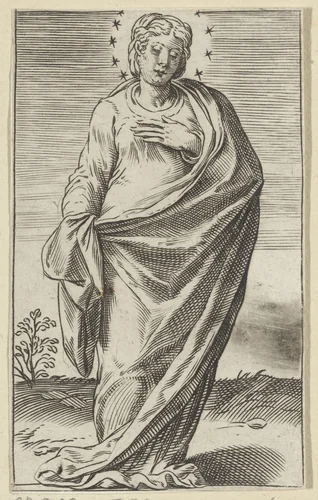 Maria met een krans van sterren by Agostino Carracci, print, 1583