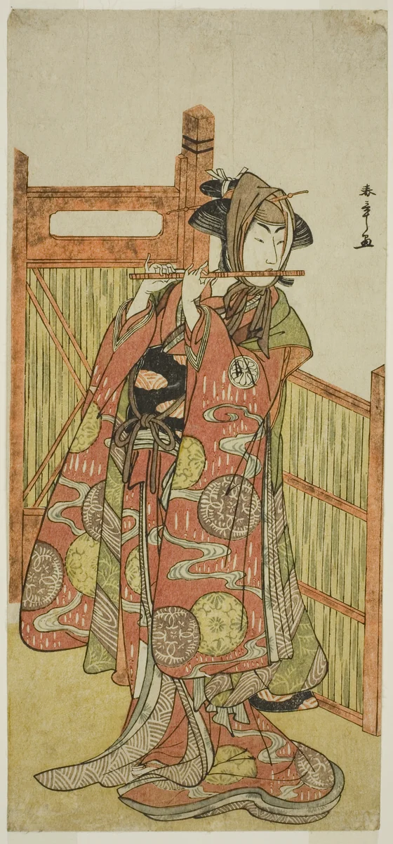 The Actor Segawa Kikunojo III as Kojoro-gitsune Disguised as the Florist Okiku in the Play Mure Takamatsu Yuki no Shirahata, Performed at the Ichimura Theater in the Eleventh Month, 1780 by Katsukawa Shunsho (勝川 春章), print, 1775-1785