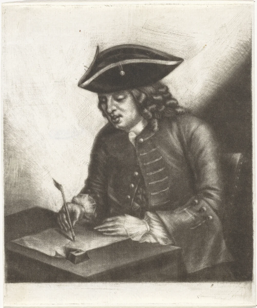 Portret van een schrijvende man aan een bureau, mogelijk Pieter Louw by John Greenwood, print, 1758