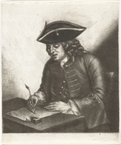 Portret van een schrijvende man aan een bureau, mogelijk Pieter Louw by John Greenwood, print, 1758