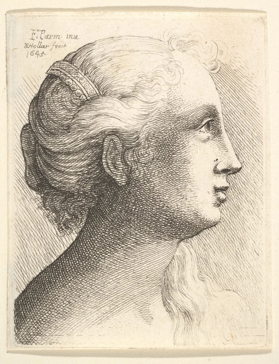 Head of a young woman in profile to right by Wenceslaus Hollar, print, 1645