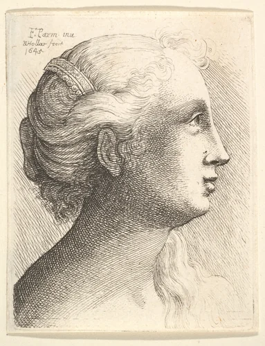 Head of a young woman in profile to right by Wenceslaus Hollar, print, 1645