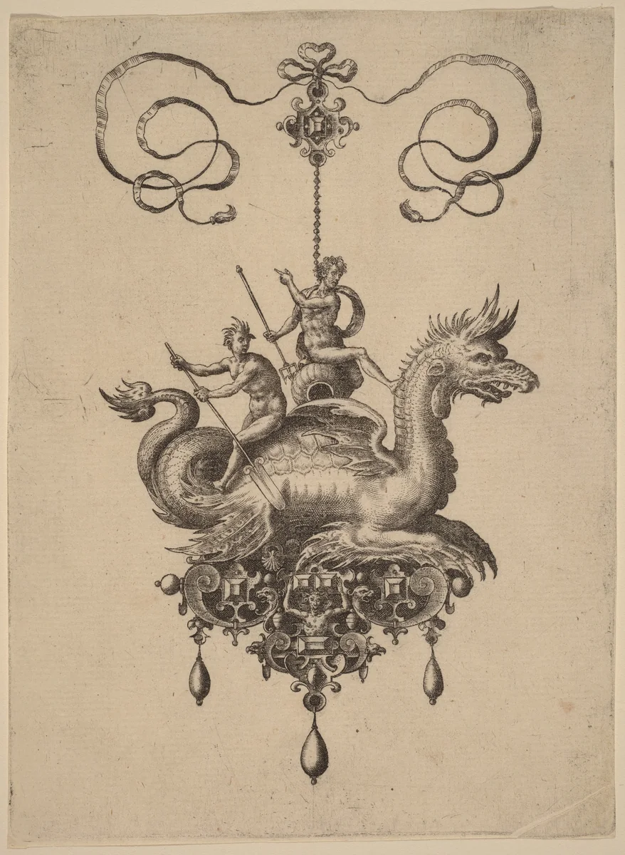 Design for a Pendant with a Sea-Monster Carrying Neptune on an Urn Flanked by a River-God with an Oar by Adriaen Collaert, print, 1582