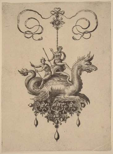 Design for a Pendant with a Sea-Monster Carrying Neptune on an Urn Flanked by a River-God with an Oar by Adriaen Collaert, print, 1582