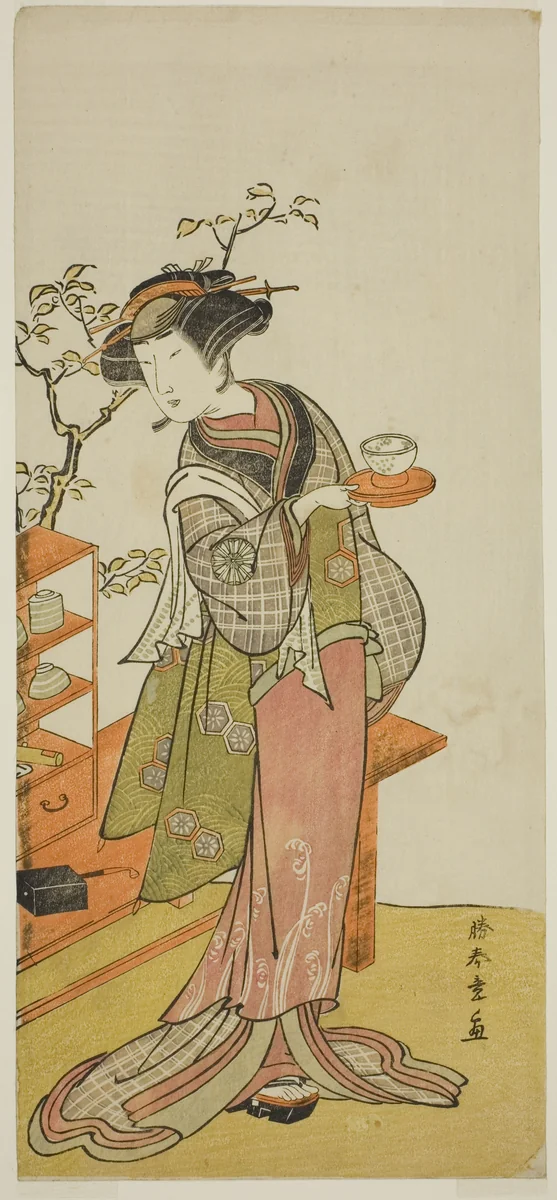 The Actor Nakamura Tomijuro I as the Waitress Otake in the Play Chigo Suzuri Aoyagi Soga, Performed at the Nakamura Theater in the First Month, 1777 by Katsukawa Shunsho (勝川 春章), print, 1772-1782