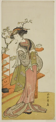 The Actor Nakamura Tomijuro I as the Waitress Otake in the Play Chigo Suzuri Aoyagi Soga, Performed at the Nakamura Theater in the First Month, 1777 by Katsukawa Shunsho (勝川 春章), print, 1772-1782