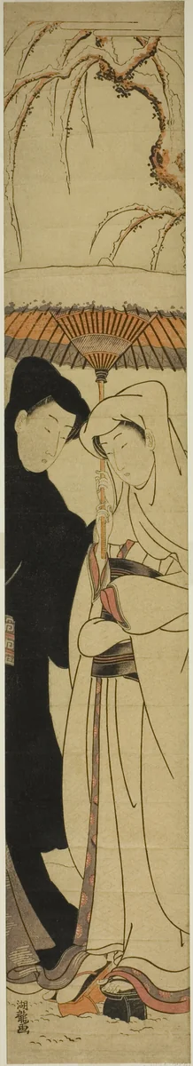 Couple Sharing an Umbrella Under the Snow by Isoda Koryusai, print, 1766-1776